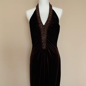 JS Boutique Velvet Beaded Neck Gown